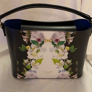 Ted Baker Floral Shoulder Bag in Black and White with Green and Yellow Accents